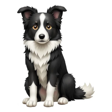 cinematic-[border collie dog]-realistic-full-body-sitting-emoji,-tail-resting-loosely-beside-its-paws,-head-tilted-dramatically,-scruffy-[black and white]-fur,-simplified-yet-realistic-focused-features,-highly-detailed,-glowing-with-an-almost-sarcastic-glow sticker