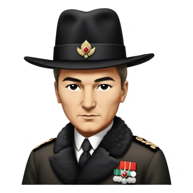 ​Cinematic Realistic Portrait of a Young Mustafa Kemal Atatürk, depicted wearing an iconic tall black fur hat along with traditional attire, his confident, visionary expression illuminated by warm, inspiring lighting, rendered with rich historical textures that capture his youthful dynamism and transformative leadership, sticker