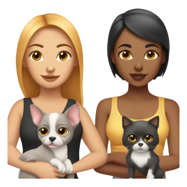 Latino woman with black staight hair and brown eyes is holding a grey sphynx kitten and a ginger/ yellowish pomeranian dog sticker