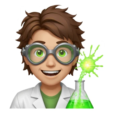 mad nuclear scientist portrait, head and shoulders only, messy hair, cracked goggles, glowing radioactive green light, excited crazy smile, 3D cartoon, mobile game icon style, clean background, no text, no watermark
 sticker