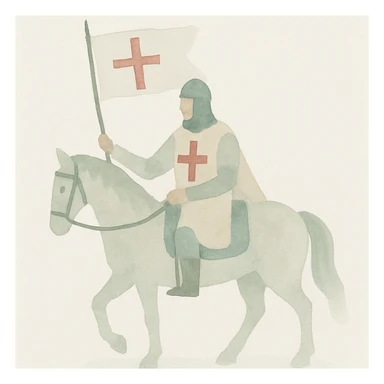 Christian knight on horseback, waving a flag with a cross, watercolor art style sticker