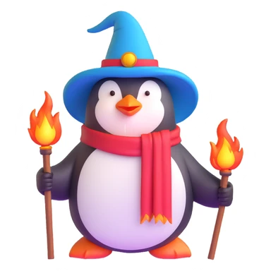 penguin wizard with fire staff and flames sticker