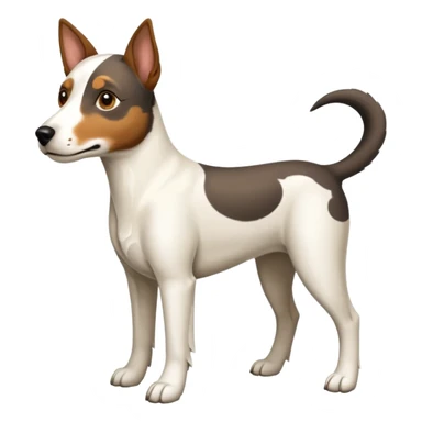 a full body large white floppy eared parson russell looking dog the size of a kelpie with light brown ears and a light brown patch on one eye and a large snout sticker