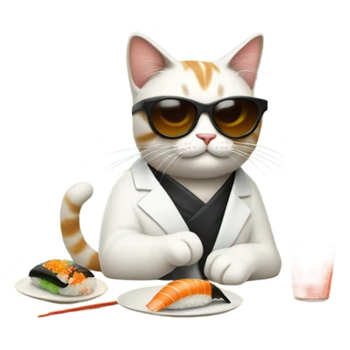 cat wearing sunglasses eating sushi sticker