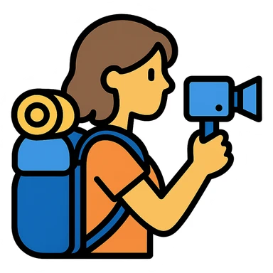 color outline icon of a hiking woman with brown hair holding a video camera sticker