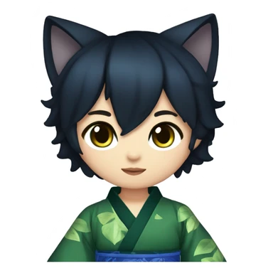  black hair dark blue long sleeve kimono cat ears outfit leaf on his head dark green eyes  sticker