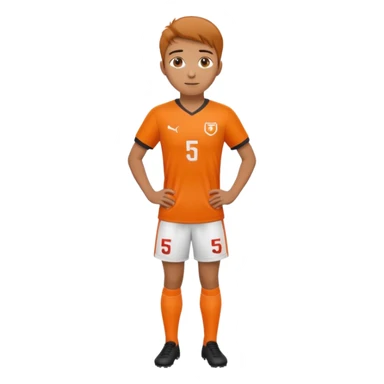 Apple iOS style 22 year old soccer player standing hands on waist, orange jersey #5, stadium lighting sticker