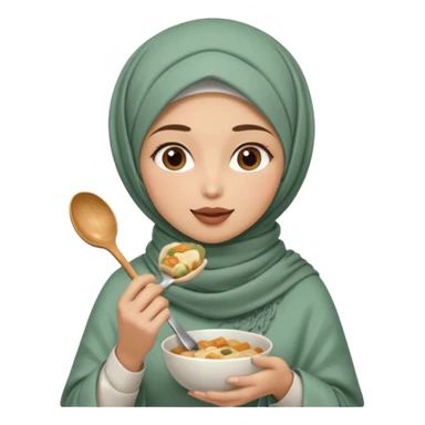 a woman wearing a pashmina hijab is eating while holding a spoon sticker