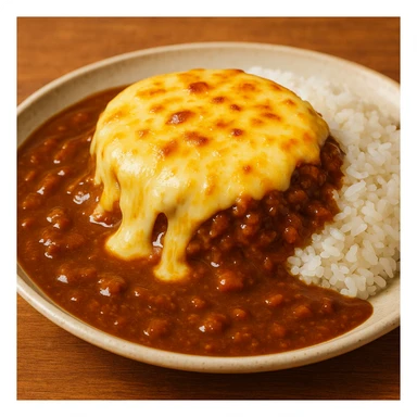 cheese-covered curry, gooey melted cheese on top, rich curry sauce, appetizing look sticker