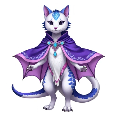 Kawaii white, indigo, purple, pink cute beautiful pretty elegant divine edgy feline-vernid-sergal-Haku-dragon-fursona-animal-creature, full body, with intricate detailed markings, Embroidered capelet, silken shawl sticker
