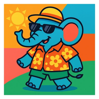 an elephant wearing summer clothes, sunglasses, and a sun hat, in a fun and colorful style sticker