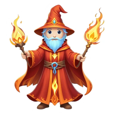 Clash of Clans aesthetic: Cinematic heroic powerful fire Wizard Hero  close up Emoji, rendered in a 3D vector-style similar to standard emojis with minimal shading and bold, simplified shapes. A compact, isometric figure draped in flowing enchanted robes and wielding a mystical staff, softly glowing with an arcane magical charm. Simplified yet unmistakably iconic, highly detailed and consistent, glowing with a soft radiant glow and high shine. Stylized with a touch of whimsical sorcery and a soft glowing outline, capturing the essence of a powerful wizard ready to cast spells with a friendly, playful spirit! sticker