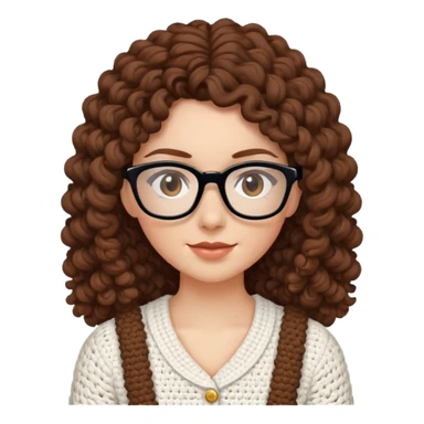 White female  Long Brown curly hair  Dark brown eyes  Small Square glasses  Crocheting sticker