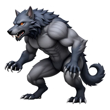 cinematic-noble-fierce-werewolf-full body on all fours-emoji, poised-and-imposing, with a tall, lean, and muscular wolfish frame inspired by the brutal, imposing shape of the beast from Berserk, fur rippling in shades of midnight black and silver, massive paws with razor-sharp claws, elongated limbs and fangs, eyes glowing with an intense, primal ferocity, reflecting the untamed power of the wild moonlit night; rendered with realism like a wolf hunched over battle ready pose ready to attack sticker
