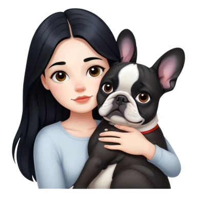 A beautiful girl with long black hair hugs a French bulldog sticker