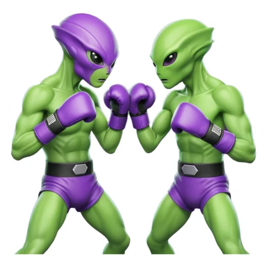 two aliens boxing in a fight stance, facing each other with raised gloves, dynamic action pose, intense expressions, sci-fi arena vibe, 3D cartoon style, mobile game icon style, clean background, no text, no watermark
 sticker