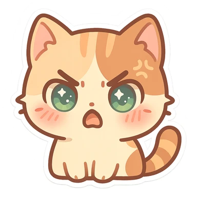 kawaii chibi-style cat emoji with pastel orange and brown cream fur, anime-style angry expression, sparkly green eyes, blushing cheeks, pastel color palette, soft rounded design, vector art sticker
