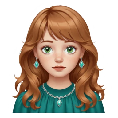 Woman with light light brown wavy hair and curtain bangs, freckled fair skin, blue-green eyes, rosy lips, septum ring, soft natural makeup, delicate silver jewelry, relaxed expression. sticker