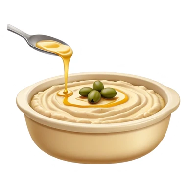 Cinematic Realistic Hummus Dish Emoji, depicted as a creamy chickpea dip drizzled with olive oil rendered with rich textures and warm, inviting lighting. sticker
