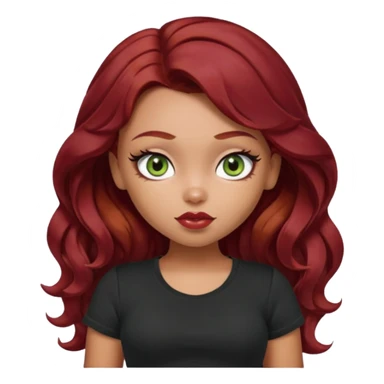 a pretty fair bratz girl with wavy dark red hair, wearing a black tee. eyeliner on, olive green eyes. Till stomach sticker