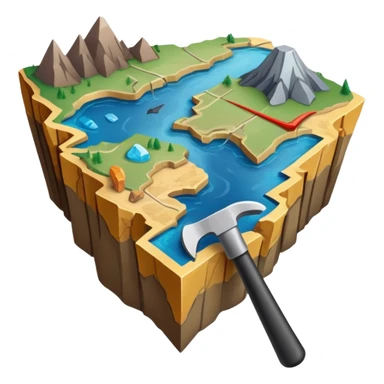 An icon featuring a crowbar and a geological map, and layers of Earth’s crust, symbolizing geology. The design includes mineral samples, fossils, and tectonic plates, representing the study of Earth’s structure and natural processes. Transparent background highlights geological exploration sticker