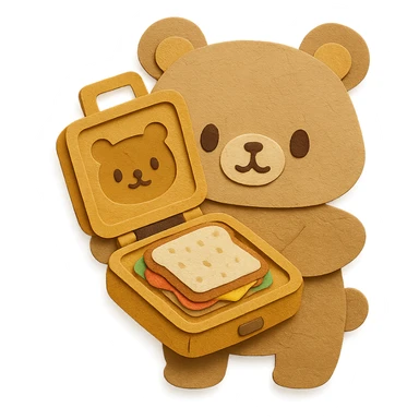 chibi sandwich maker-bear hybrid, opening with a cute sandwich inside, creamy brown, full-body sticker