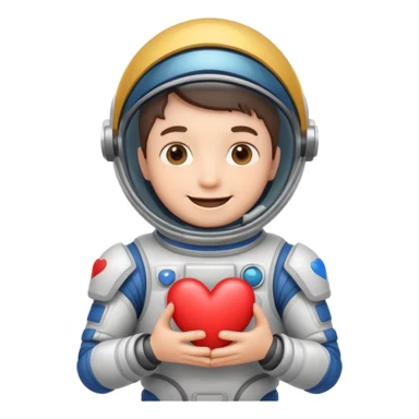 A happy spaceman holding a heart sticker