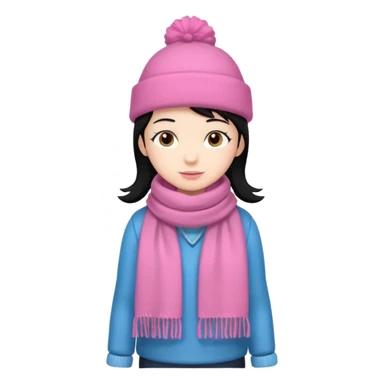 Kid wearing pink hat and scarf, black hair, full body sticker