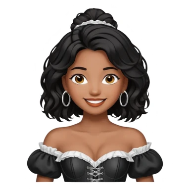generate a pretty bratz emoji that looks like Kareena Kapoor's Geet character. 
Make her wear a puff sleeve off shoulder white top with a black corset over it. silver hoops, black hair open with middle part. smiling big

She should look like Kareena Kapoor sticker