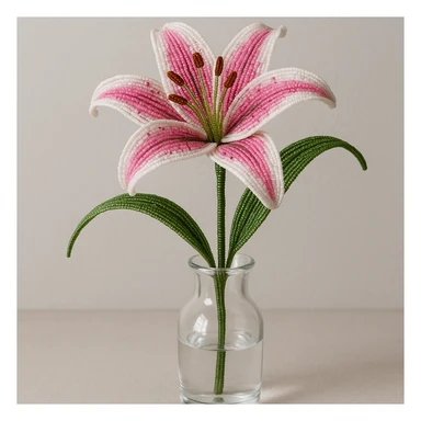 one french beaded stargazer lily with pink petals and white edges, displayed in a clear glass vase, intricate beadwork details, realistic floral composition sticker