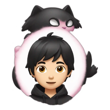 Asian boy, with fluffy black hair wearing a black hoodie with “ねこ” in pink lettering sticker