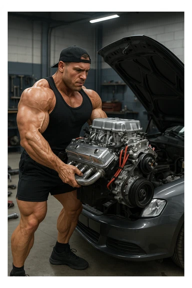 a muscular bodybuilder in gym attire stands next to a car with the hood open, lifting a large, shiny, high-performance engine with ease. His expression is focused and determined as he installs the new engine. The background is a modern garage, with tools and car parts scattered around, emphasizing strength and mechanical skill. sticker