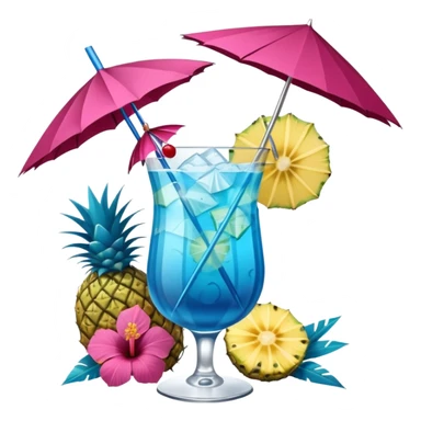 vibrant tropical fruity blue cocktail with hibiscus, pineapple slice, and paper umbrella garnish sticker