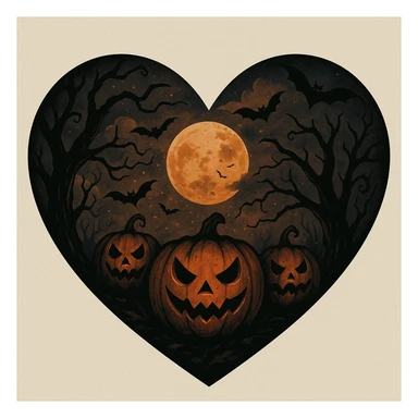 heart with Halloween theme, spooky, pumpkins, bats, dark colors sticker