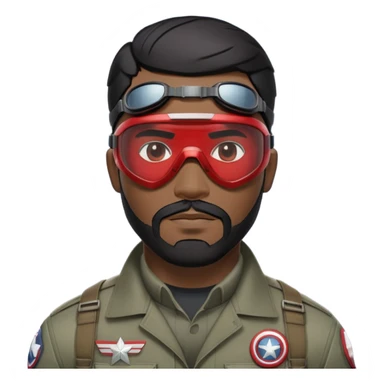 sam wilson have a short, neatly cropped black hair. It is evenly trimmed and close to the scalp, maintaining a clean and military-inspired and  a well-groomed beard that connects to his mustache,  wear sleek, red-tinted tactical goggles fit snugly from captain america: civil war sticker