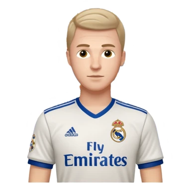 White male wearing Adidas Real Madrid jersey with Champions logo on sleeve and Fly Emirates on chest sticker