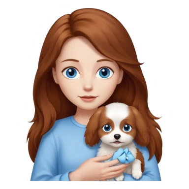 long hair chestnut color blue eyes woman holding small completely white dog sticker