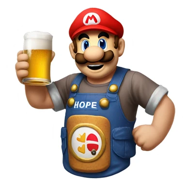 Mario plumber drinking beer with a shirt that says “HOPE” sticker