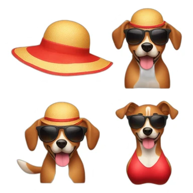 A dog wearing a little red bikini with the sun in the background, on a beach, sunglasses, sun hat, in the style of an Apple Memoji  sticker