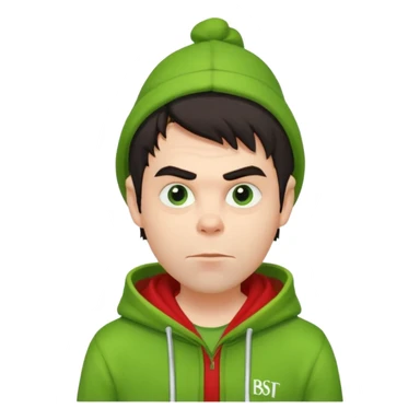Create an avatar of white Europeanwith dark hair  male in hoodie with ``BST`` letters on it. Make background to look like from movie Grinch sticker