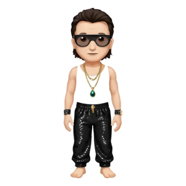 Bono with dark brown hair, black sequin baggy pants, shirtless with necklace, light skin sticker