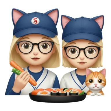 cute girl cat wearing glasses and a cute boy cat wearing a baseball cap eating sushi together sticker