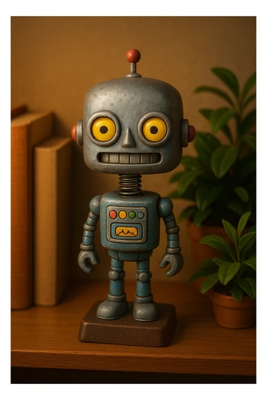 a classic robot bobblehead with a springy neck sticker