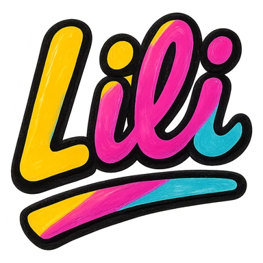 Lili name in modern colorful gradient font with dark outline, dynamic slanted or partial underline, transparent background, in the style of reference patterns sticker
