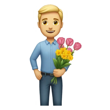 White man holding flowers and a sign where it says "Julia<3" sticker