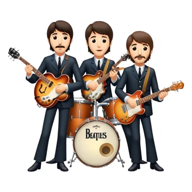 Rock music icon: The Beatles performing live on stage. John Lennon with guitar, Paul McCartney with bass, George Harrison with guitar, Ringo Starr on drums. Bright lights, energetic performance. Transparent background. sticker