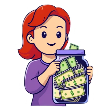 redhead woman with big smile holding glass jar with money bills inside sticker