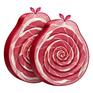 a pair or trio of thin folded cured ham slices, deep pink-red, delicate white fat marbling, smooth, translucent, curled edges, tender, apple emoji style, soft lighting, emoji scale sticker