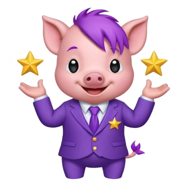 Sticker, a small cute funny purple piglet with purple hair, wearing a purple suit decorated with stars, ((cheerful, laugh)), surrounded by white outline, on transparent background sticker