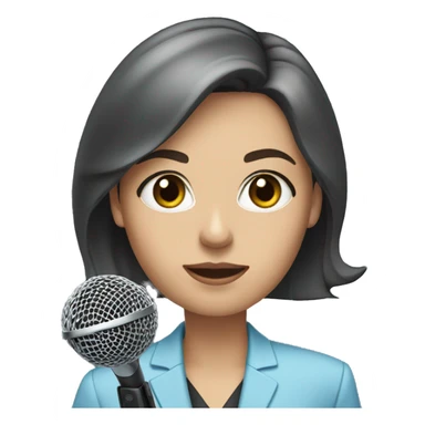 A woman with dark brown hair and light blue eyes wearing a suit and holding a microphone sticker